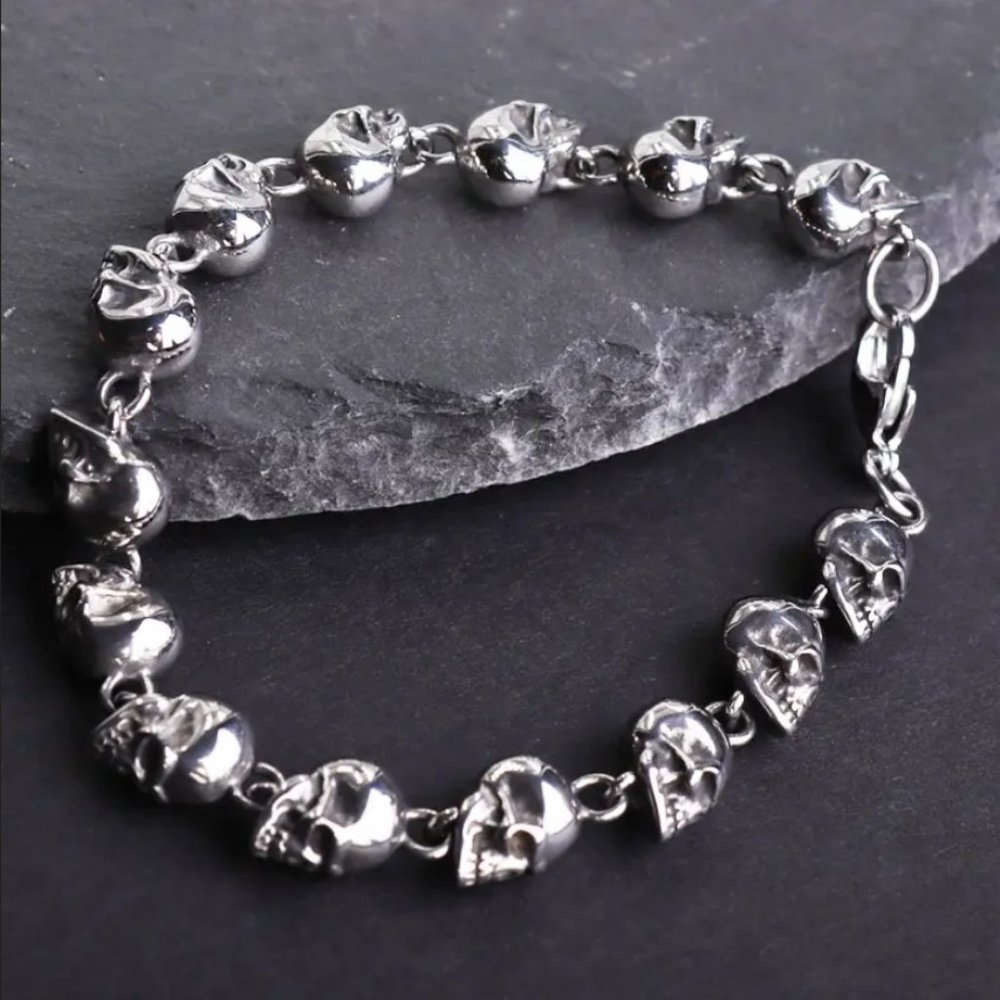 14K White Gold Chain Link Womens Skull Bracelet 14 Karat Silver Skulls Jewelry